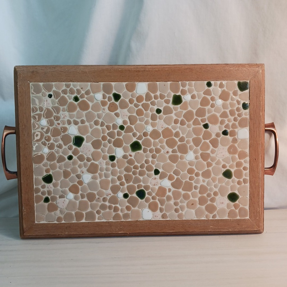 MCM Vintage Handmade Ceramic Pebble Mosaic Trivet Large Oak